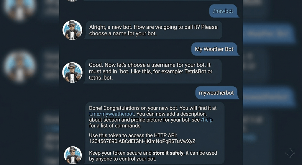 BotFather chat asking the user to choose a display name for the bot