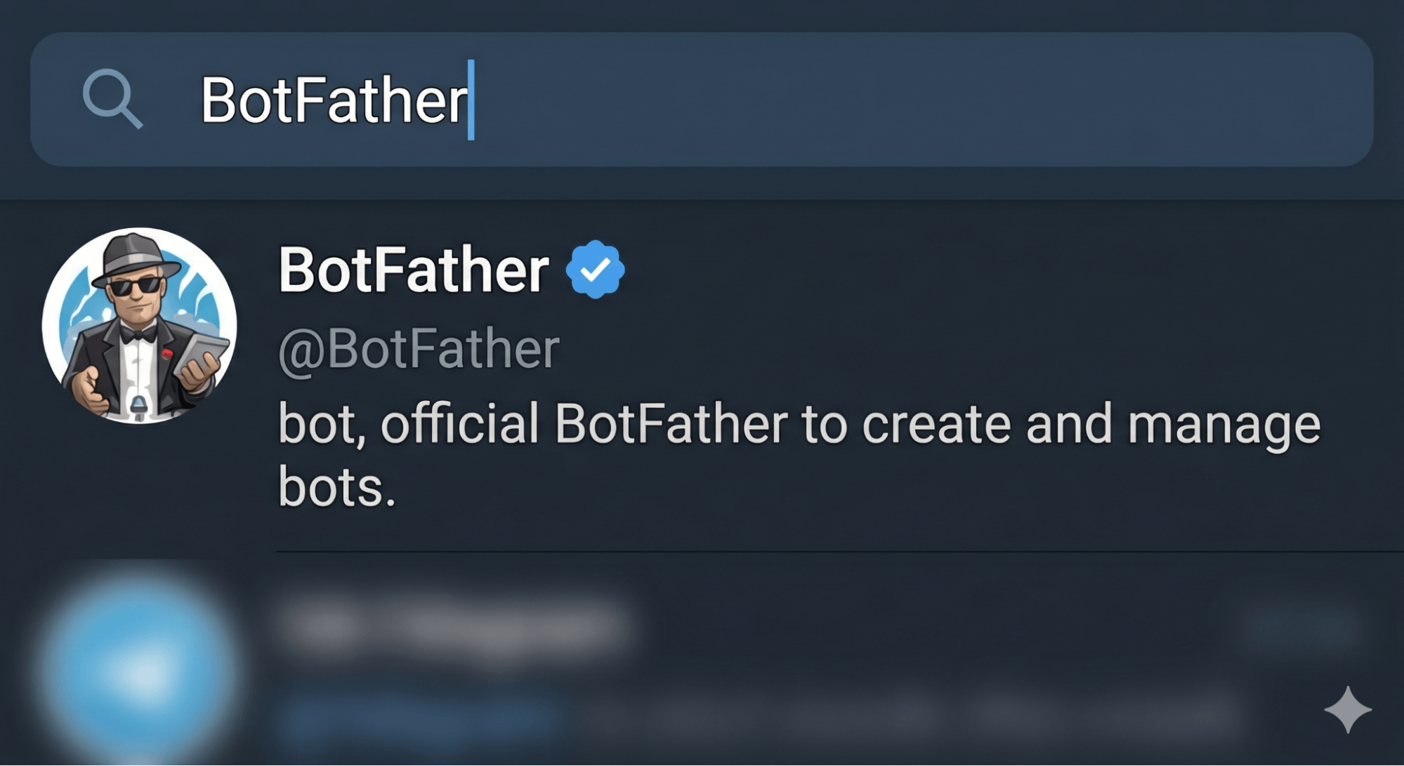 Telegram search results showing the verified @BotFather account with a blue checkmark