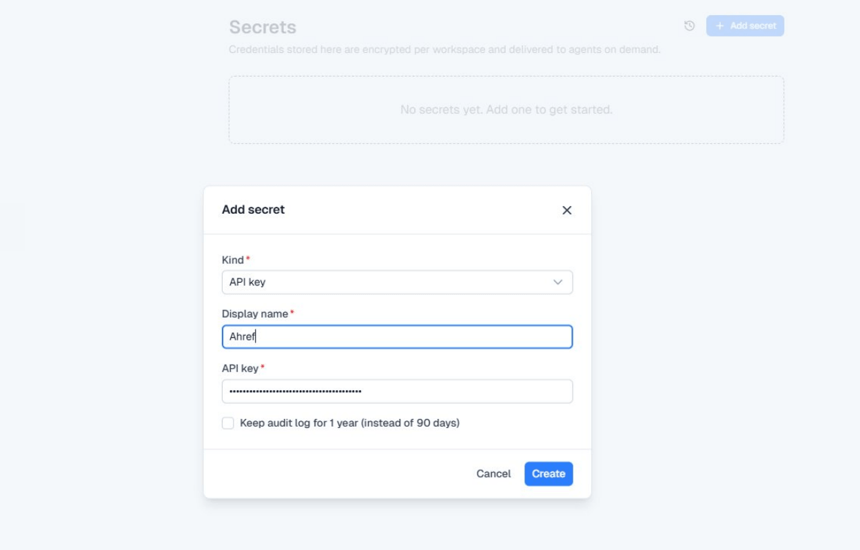 Add secret modal with Kind, Display name, and API key fields filled out