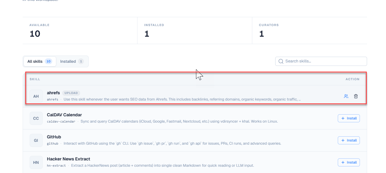Custom skill in the Skill Registry marked with an UPLOAD badge