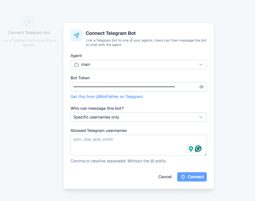 Connect Telegram Bot modal with Agent, Bot Token, access policy, and allowed usernames fields