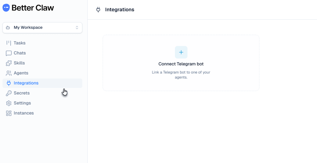 BetterClaw sidebar with Integrations highlighted, showing the Connect Telegram bot card
