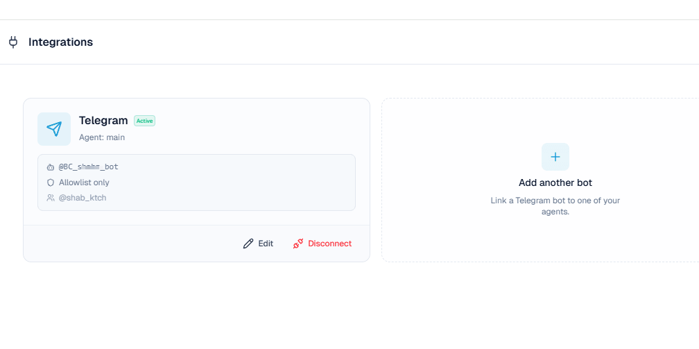 Active Telegram integration card showing the Active badge, agent, bot username, and allowlist