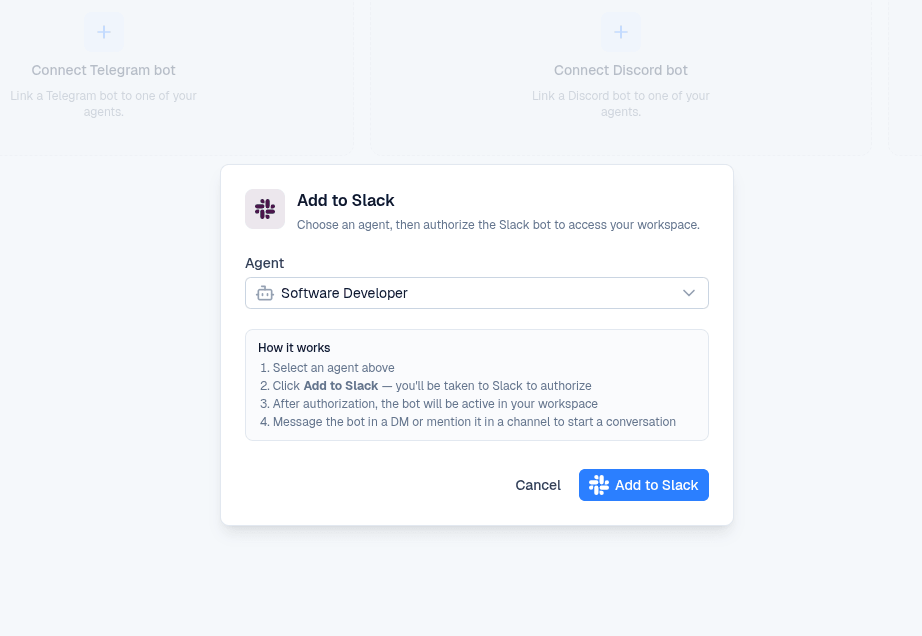 Add to Slack dialog in BetterClaw with the agent dropdown and How it works summary