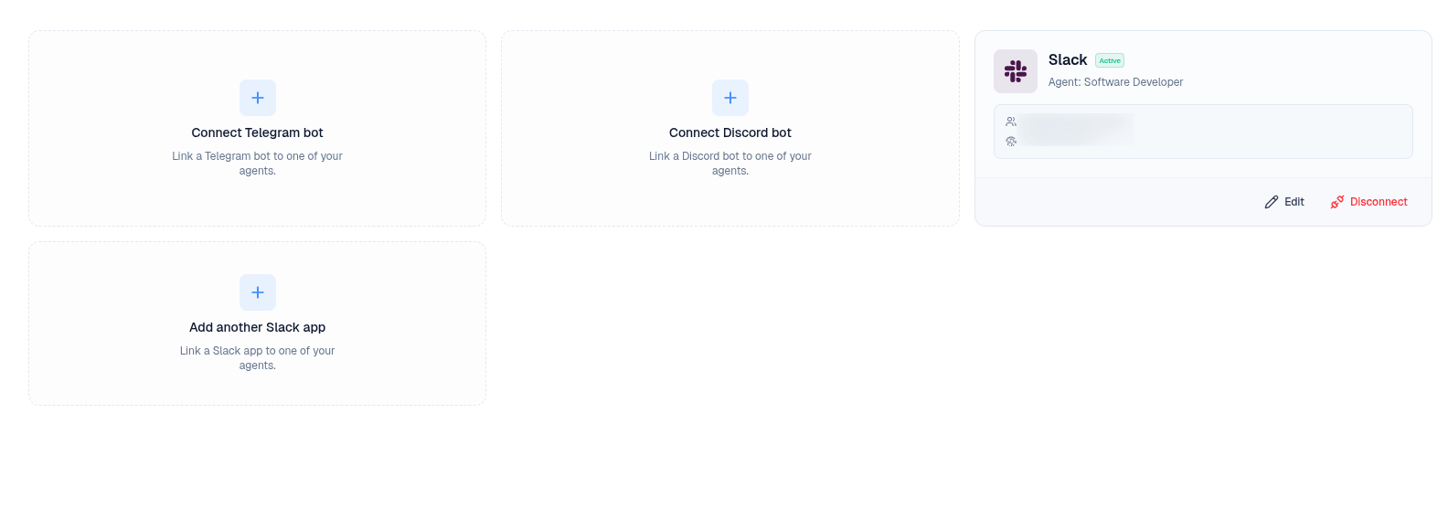 Active Slack integration card on the BetterClaw Integrations page showing the workspace name, Active badge, and Edit and Disconnect buttons