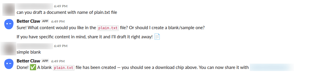 Slack DM with Better Claw showing a file attachment alongside a user prompt