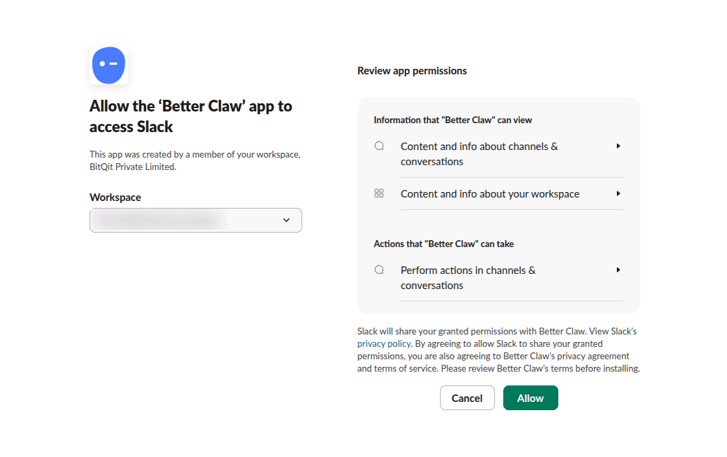 Slack OAuth authorization page with workspace dropdown and permission list for Better Claw