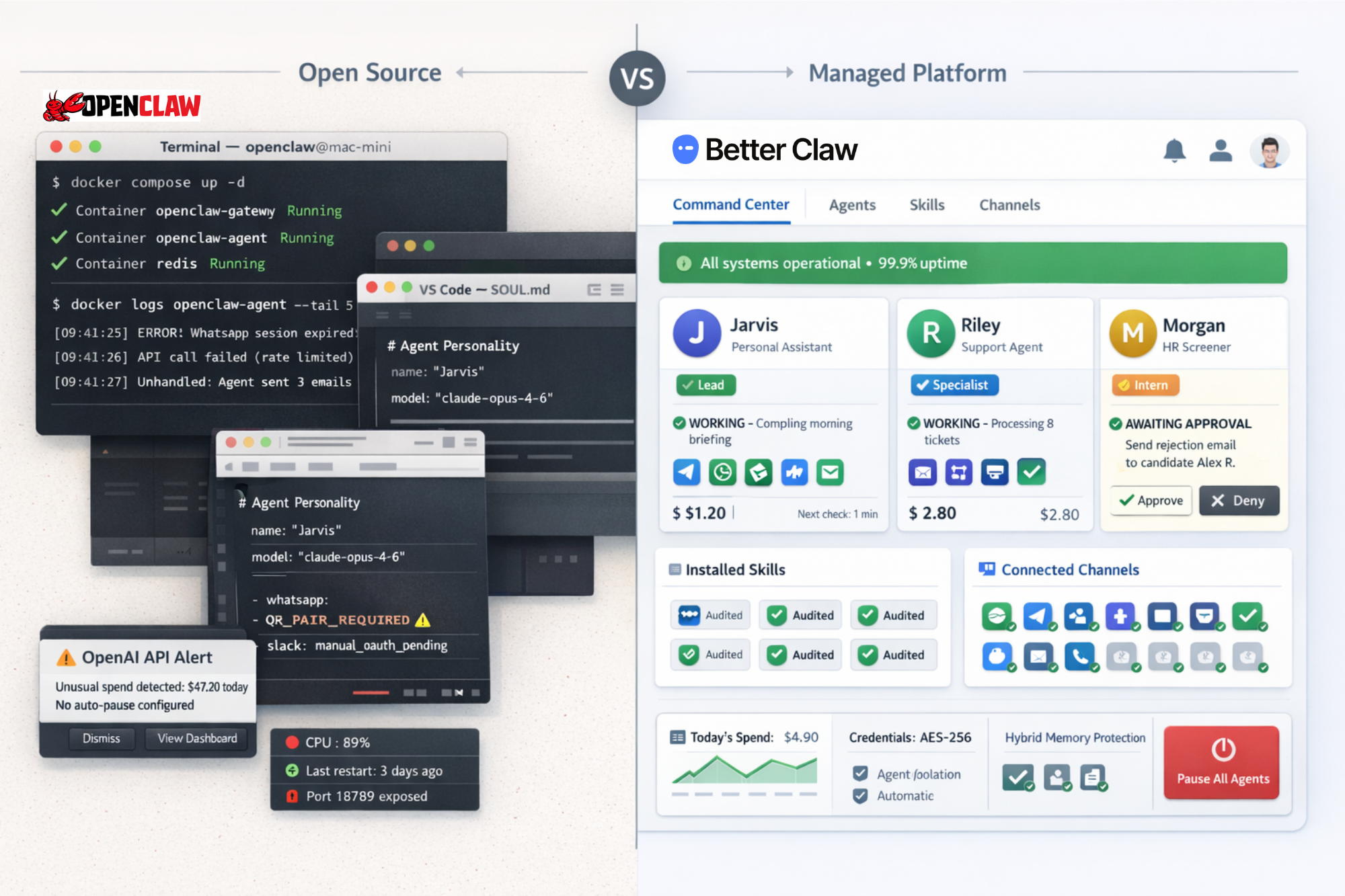 BetterClaw vs OpenClaw comparison dashboard