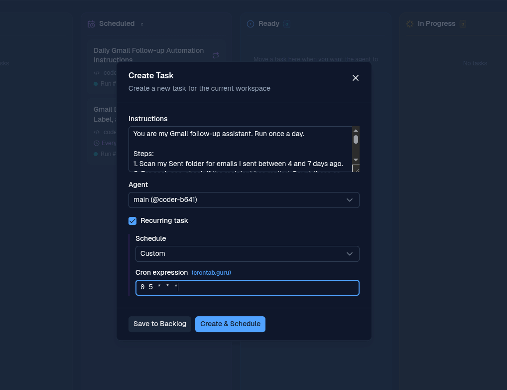 BetterClaw Create Task modal with a custom cron expression filled in and the Create & Schedule button visible