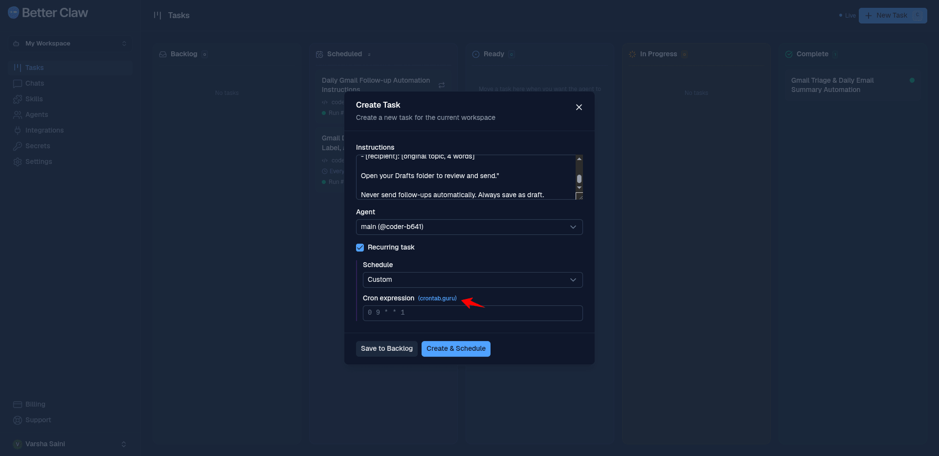 Custom cron expression field in the BetterClaw task scheduler with the crontab.guru link highlighted