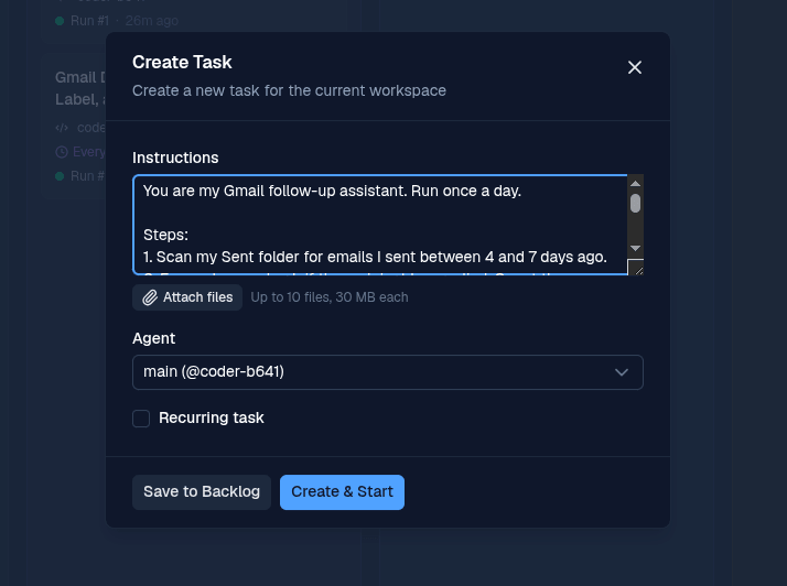 Create Task modal in BetterClaw with agent instructions in the prompt field