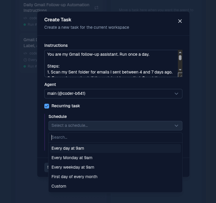 Recurring task options in the BetterClaw Create Task modal showing daily and custom schedules