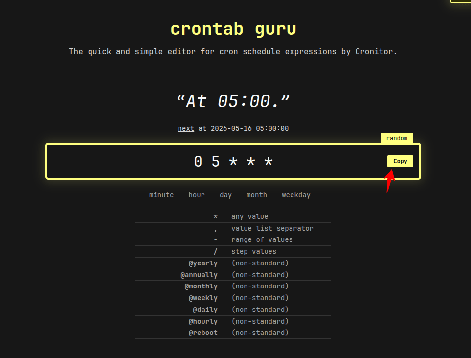 crontab.guru with the 0 5 * * * expression selected and the Copy button highlighted