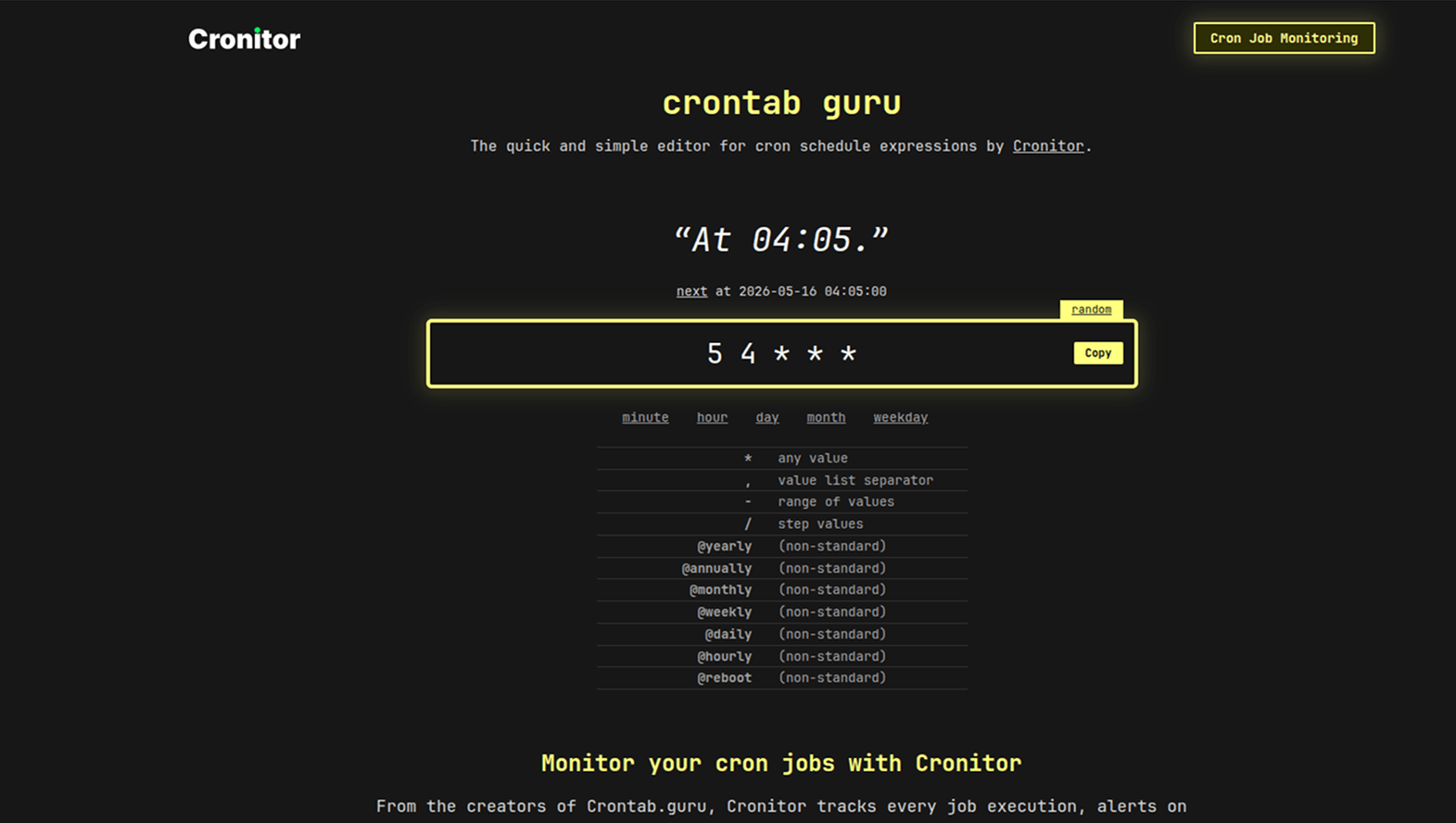The crontab.guru editor showing a cron expression with the next scheduled run time