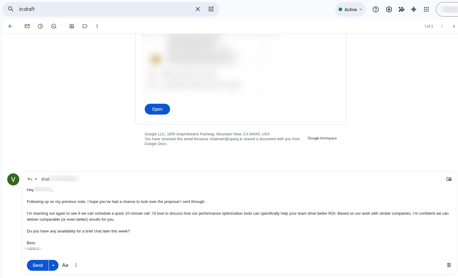 Gmail Drafts folder with a follow-up draft saved in the original email thread, ready to send