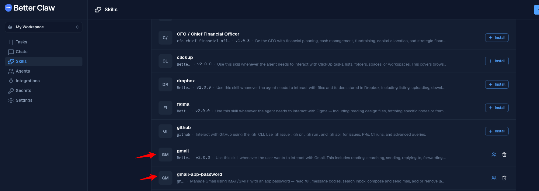 BetterClaw Skills page showing the gmail and gmail-app-password skills installed
