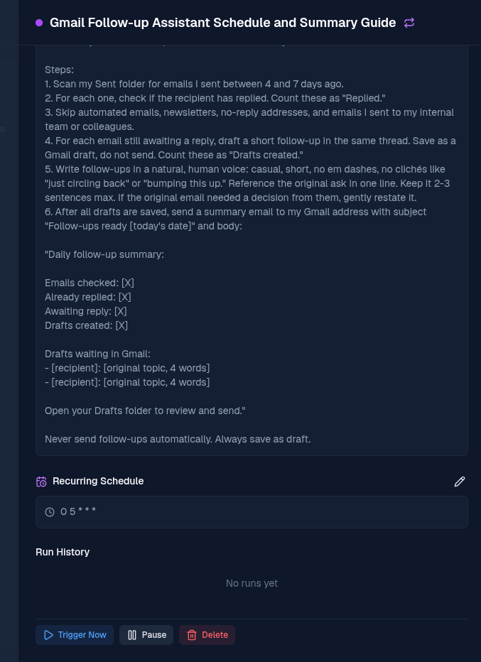 Scheduled task in BetterClaw showing the recurring schedule, run history, and Trigger Now button