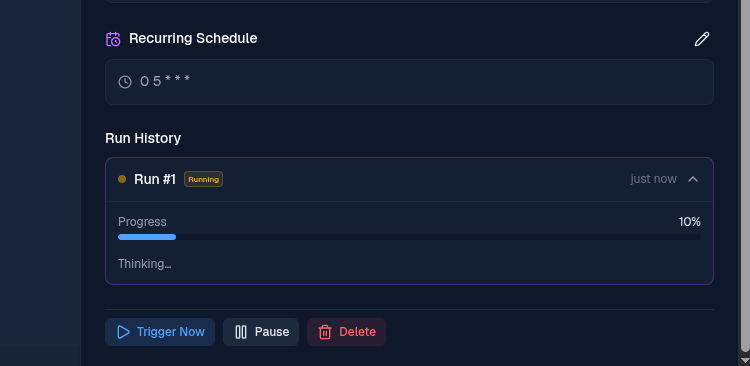 BetterClaw task run in progress showing a Running status badge and a progress bar