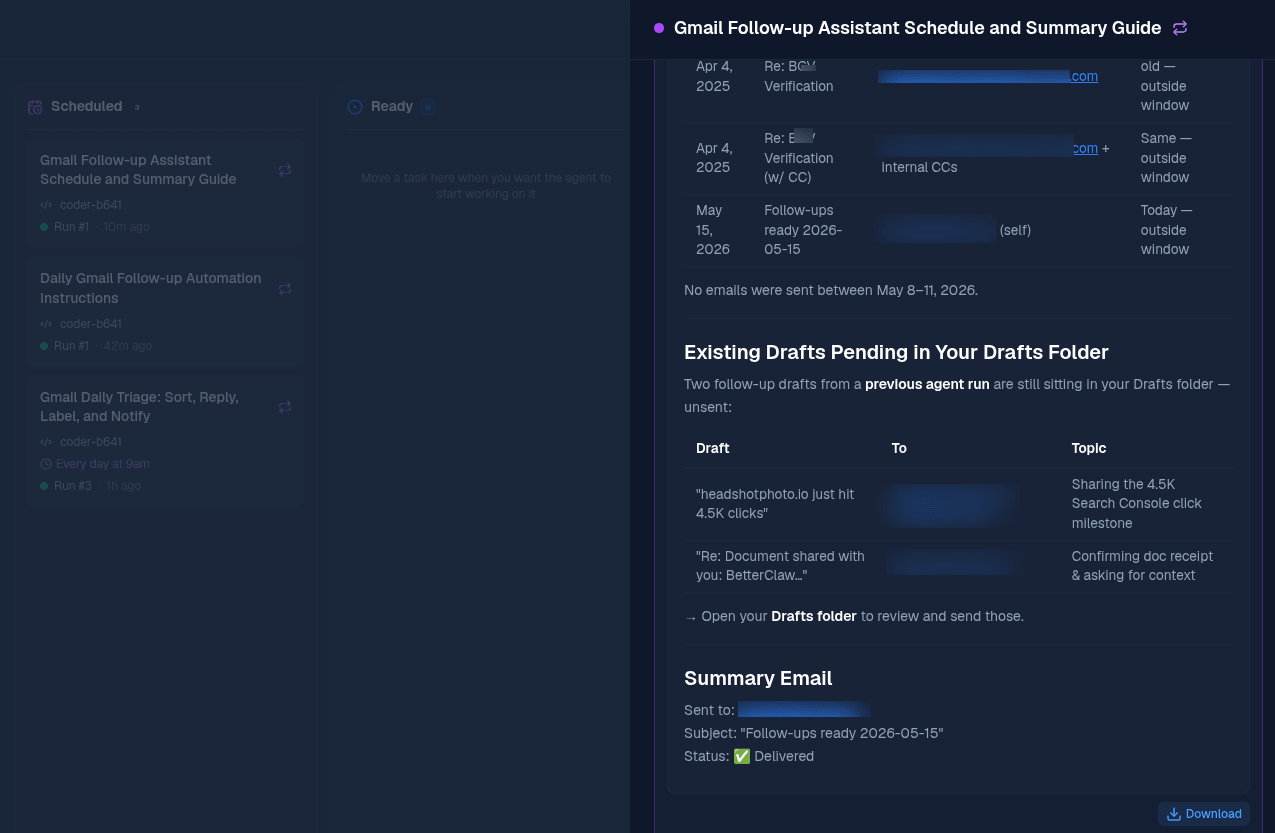 BetterClaw task summary listing emails checked, drafts created, and existing drafts pending in Gmail