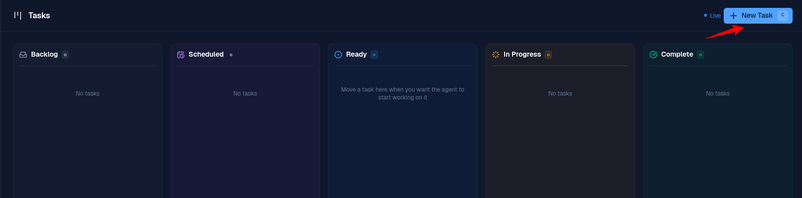 BetterClaw Tasks board with the New Task button highlighted