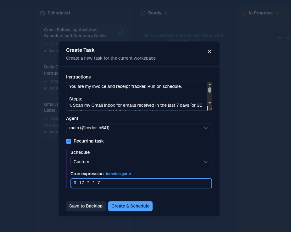BetterClaw Create Task modal with the cron expression 0 17 * * 7 filled in and the Create & Schedule button ready to click