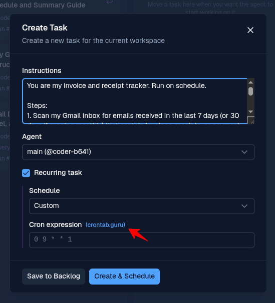 Custom cron expression field in the BetterClaw task scheduler with the crontab.guru link highlighted by an arrow