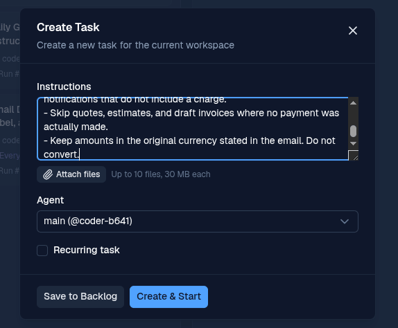 BetterClaw Create Task modal with the invoice tracker prompt pasted into the Instructions field