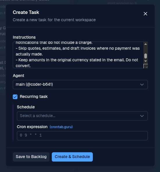 Recurring task checkbox enabled in the BetterClaw Create Task modal with the Schedule dropdown ready to pick a cadence