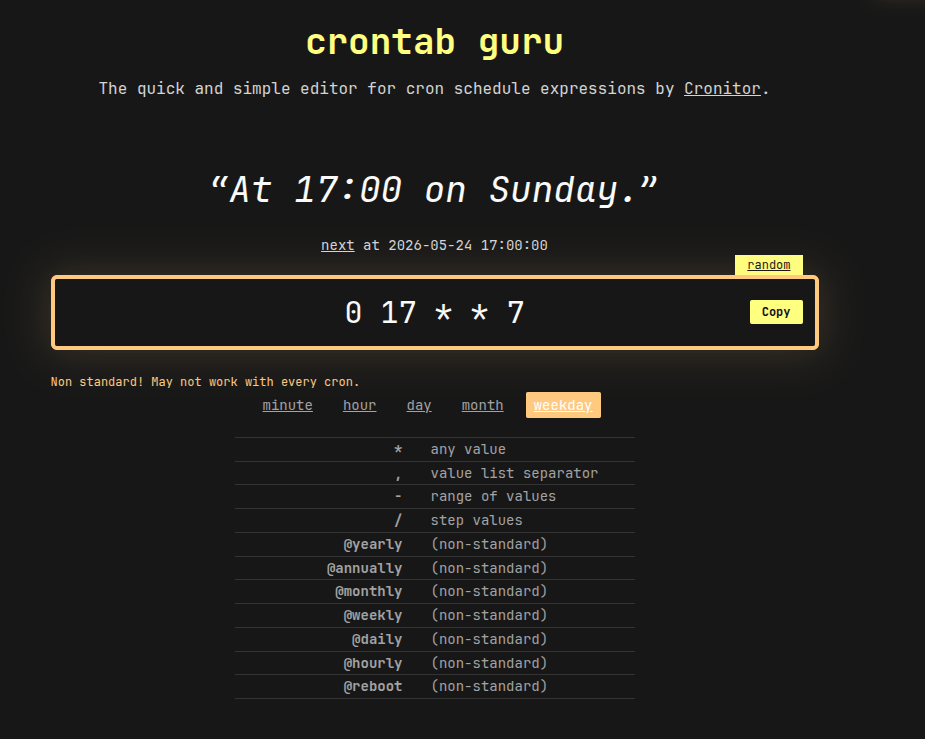 crontab.guru showing 0 17 * * 7 which translates to At 17:00 on Sunday, with the Copy button highlighted