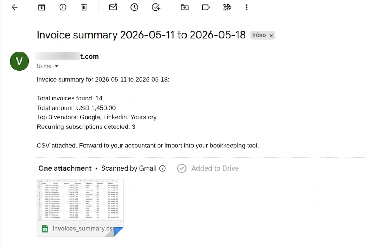 Gmail inbox showing an Invoice summary email with total invoices, total amount, top vendors, and a CSV file attached