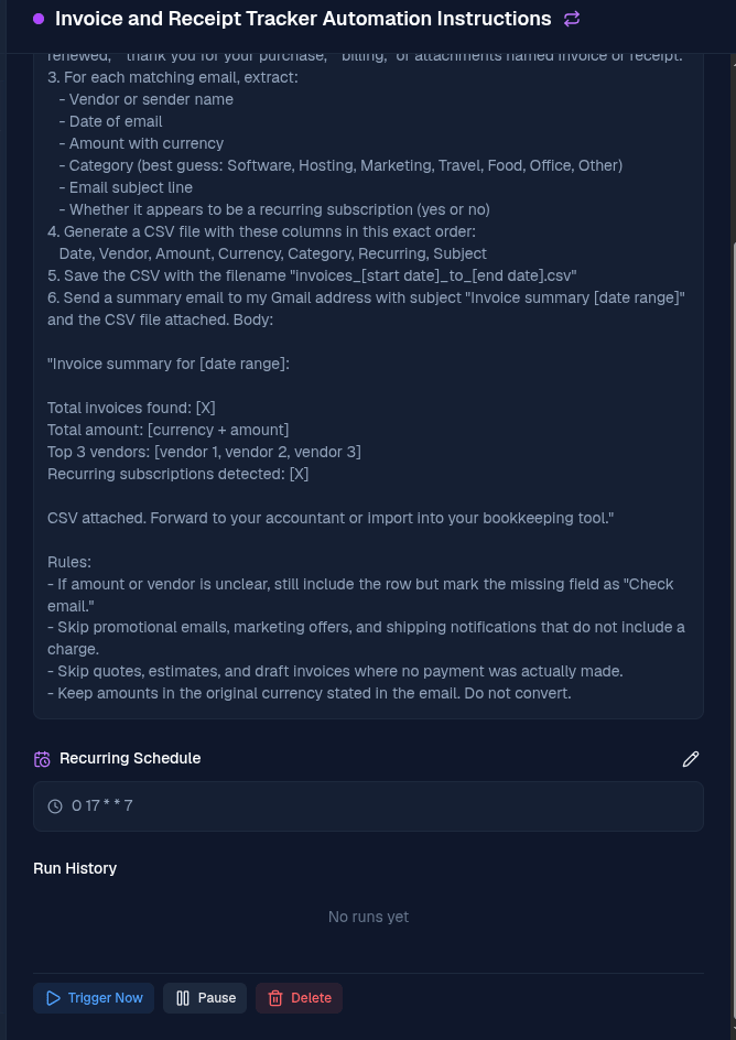 Invoice and Receipt Tracker scheduled task in BetterClaw showing the recurring schedule, empty run history, and the Trigger Now button