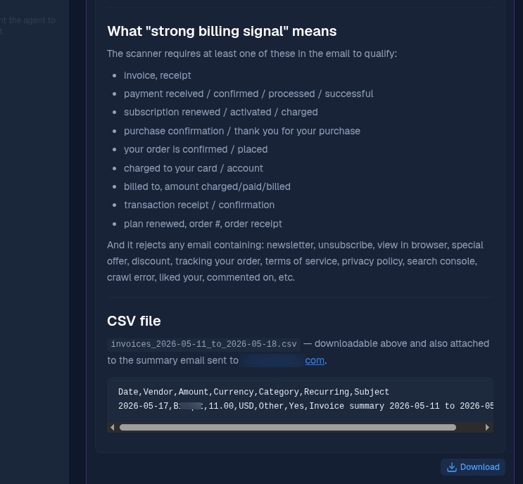 BetterClaw task summary listing the qualifying signals it used, the generated CSV filename, and a Download button