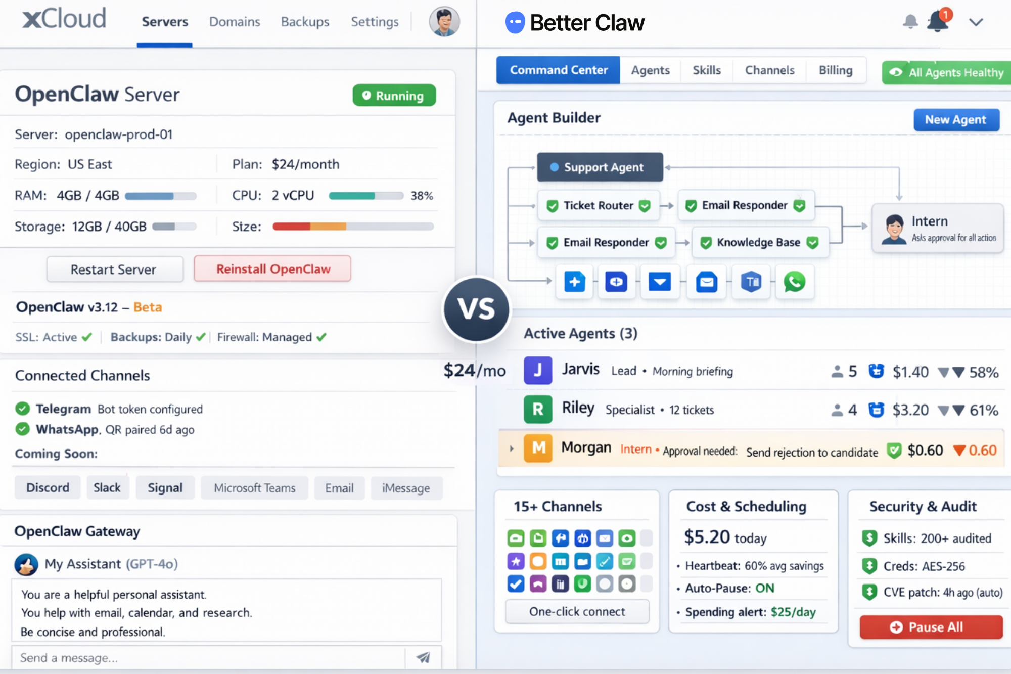 BetterClaw vs xCloud comparison dashboard